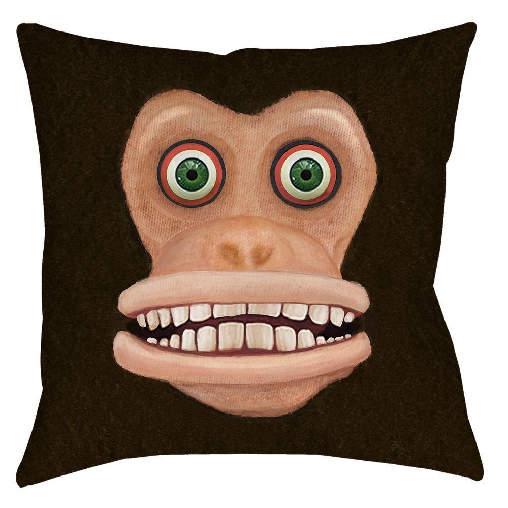 -Funny Maniacal Monkey Retro Kitsch Creepy Chimp Face Throw Pillow. Double-sided, square pillow or pillowcase with printed design on both sides, in your choice of spun polyester or synthetic suede finish. Weirdest of the weird, his disturbing toothy grin is sure to illicit laughs & WTF. Ideal for bizarre gift exchanges -Spun Polyester-14 x 14 inches-With Zipper-796752938387