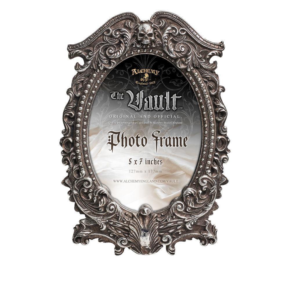 -High quality, ornate 3D poly resin frame with hand-painted antique silver finish and clear glass. Designed for both standing / tabletop use and wall hanging. Genuine Alchemy Gothic product, ships from the USA. 

Masque of the black rose kull goth vampire pirate photo picture frame 5x7 -664427045671