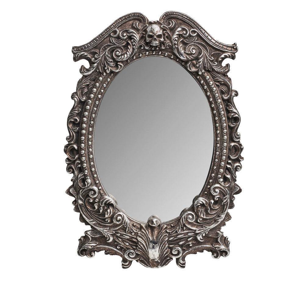 -High quality, ornate 3D sculpted poly resin frame with hand painted antique silver finish and glass mirror. Designed for both standing tabletop / vanity use and wall hanging. 6.57 x 9.25 inches x 0.79 inches. Genuine Alchemy Gothic product, ships from the USA.

Masque black rose V54 skull pirate vampire goth baroque-664427045664