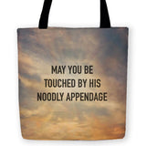 -High quality, polyester tote bag. Durable & machine washable. Traditional Pastafarian blessing and somewhat gross double entendre set in a faux inspirational design similar to cards and posters featuring Christian affirmations. 'May You Be Touched By His Noodly Appendage' - All hail the Flying Spaghetti Monster, Ramen!-13 inches-725185479259