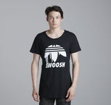 -A modern tee featuring a slim fit with an oversized neck opening and a asymmetrical hem, finished with a water-based ink print. Made with pride in California. Designer streetwear fashion brand swoosh logo parody. -Black-Small-