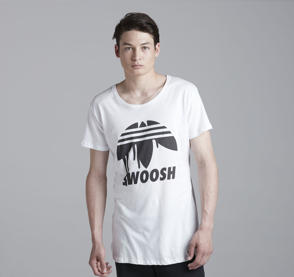 -A modern tee featuring a slim fit with an oversized neck opening and a asymmetrical hem, finished with a water-based ink print. Made with pride in California. Designer streetwear fashion brand swoosh logo parody. -White-Small-
