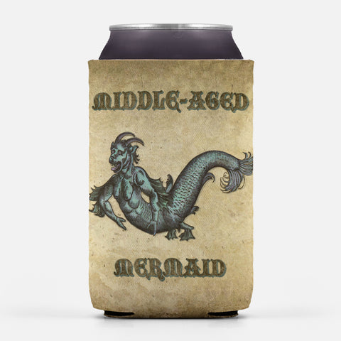 Funny Middle Aged Mermaid Can Cooler Wrap, Drink Insulator Sleeve Gift-High quality, reusable neoprene beverage insulator sleeve. Fits standard 12oz and 16oz cans or bottles and keeps beverages cold. Easy to clean and foldable for easy storage. Great gift or drink marker for parties. Middle-Aged Mermaid, funny over the hill medieval sea monster seafarer bestiary creature birthday gag gift-