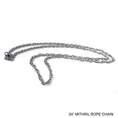 Lord of the Rings MITHRIL Rope Chain, 24in, Officially Licensed LOTR-Mithril, a fictional ore, was the most prized metal in Middle-earth. The Mithril Rope Chain is officially licensed Lord of the Rings replica jewelry made in the USA. These 24" chains are skillfully crafted in gleaming titanium, the closest Earthly metal to Mithril. Brand new in pouch with card of authenticity.-