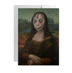 Momo Mona Lisa Blank Greeting Cards, 5x7 with Envelope-Folded greeting cards with blank interior. High quality, professional printing on fine cardstock with envelopes. Creepy weird funny momo meme creepypasta fine art memes Da Vinci painting bizarre scary halloween haunted house portrait joke viral challenge disturbing face bird woman invitation birthday thinking of you-5x7"-1 Card-
