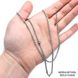 Lord of the Rings MORIA MITHRIL Rolo Chain, 24in, Officially Licensed-Mithril, a fictional ore, was the most prized metal in Middle-earth. The Moria Mithril Rolo Chain is officially licensed Lord of the Rings replica jewelry made in the USA. This 24" chain is skillfully crafted in gleaming titanium, the closest Earthly metal to Mithril. Brand new in pouch with card of authenticity LOTR-