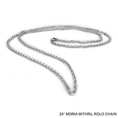 Lord of the Rings MORIA MITHRIL Rolo Chain, 24in, Officially Licensed-Mithril, a fictional ore, was the most prized metal in Middle-earth. The Moria Mithril Rolo Chain is officially licensed Lord of the Rings replica jewelry made in the USA. This 24" chain is skillfully crafted in gleaming titanium, the closest Earthly metal to Mithril. Brand new in pouch with card of authenticity LOTR-