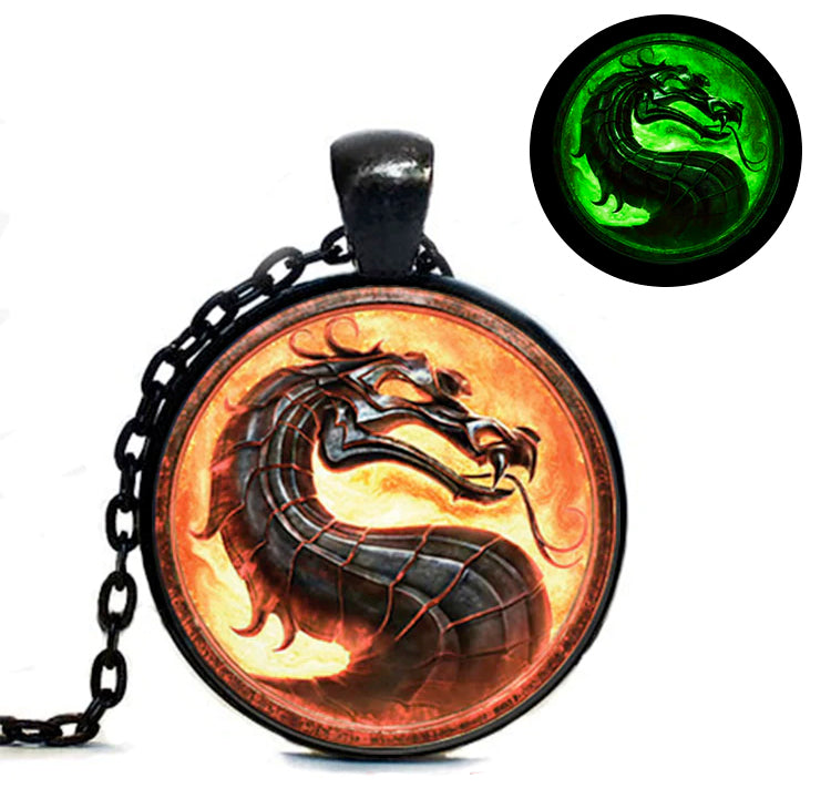 Mortal Kombat Glow-in-the-Dark Dragon Logo Pendant Necklace-Silver Plated-