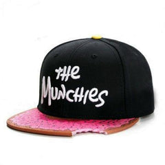 Munchies Unique Snapback Donut Cap, Funny Weird Fashion Hat Great Gift-High quality THE MUNCHIES snapback cap. Unique design with embroidered crown and side panel and a pre-chomped doughnut printed bill. Free shipping from abroad. fun funny quirky streetwear hiphop baseball cap hottest novelty hat mens unisex style fashion gift -
