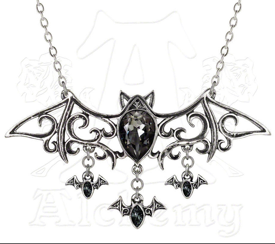 -Alchemy Gothic "Viennese Nights" Bat Necklace - The decorous Renaissance scrollwork is subtly fashioned in the form of the quintessential creature of the night. M-