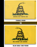 No Step on Snek Flag, Funny Gadsden Don't Tread On Me Snake Meme -High quality, professionally printed polyester flag. Single or fully double-sided with blackout layer, grommets or pole pocket / sleeve. 2x1ft / 1x2ft, 3x2ft / 2x3ft, 5x3ft / 3x5ft, custom. No Step On Snek - Funny Gadsden Don't Tread on Me Snake Flag Parody Meme, Yellow Black Green-