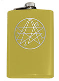 Necronomicon Sigil Engraved 8oz Hip Flask, Stainless Steel Many Colors-Brand New 8oz Flask with Engraved Necronomicon SIgil 8oz Stainless Steel Flask with easy closure screw cap lid. Measures 5.5" tall and 3.75" wide and holds eight shots. Available in your choice of color with optional funnel or gift box with funnel and cups. Ships from the USA

Lovecraft Cthulhu -