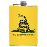 -No Step on Snek, Gadsden 'Don't Tread on Me' snake flag parody flask. Brand New 8oz stainless steel flask with easy closure screw cap lid with artwork on waterproof vinyl that fully wraps around the flask. Measures 5.5" tall and 3.75" wide and holds eight shots. Choice of just the flask, flask &amp; stainless steel funnel or with gift box containing stainless steel funnel &amp; shot glas-