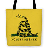 -No Step On Snek meme carryall bag. High quality, polyester reusable fabric tote bag. Durable and machine washable. Striking yellow and black parody of the classic Gadsden 'Don't Tread on Me' snake flag. A great memelord accessory for the politically conscious, a sneaky snek or a libertarian with a sense of humor.-