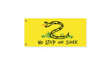 No Step on Snek Flag, Drawn Version, Funny Gadsden Parody Snake Meme -High quality, professionally printed polyester flag. Single or fully double-sided with blackout layer, grommets or pole pocket / sleeve. 2x1ft / 1x2ft, 3x2ft / 2x3ft, 5x3ft / 3x5ft, custom. No Step On Snek - Funny Gadsden Don't Tread on Me Snake Flag Parody Meme, Kids Drawing Version, Yellow Black Green-2 ft x 1 ft-Standard-Grommets-796752938134