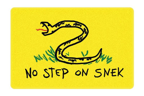 No Step on Snek Doormat, drawn version, Gadsden Snake Flag Parody meme-High quality 23.6 x 15.7in (60x40cm) doormat / floor mat. Professionally printed, durable & colorfast non-woven polyester fiber top, non-slip bottom. Indoor / outdoor use. Free Shipping Worldwide. No Step on Snek, Funny Gadsden Don't Tread on Me snake flag parody meme. Kid's child's drawing version. Sneaky snek mat-