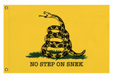 No Step on Snek Flag, Funny Gadsden Don't Tread On Me Snake Meme -High quality, professionally printed polyester flag. Single or fully double-sided with blackout layer, grommets or pole pocket / sleeve. 2x1ft / 1x2ft, 3x2ft / 2x3ft, 5x3ft / 3x5ft, custom. No Step On Snek - Funny Gadsden Don't Tread on Me Snake Flag Parody Meme, Yellow Black Green-3 ft x 2 ft-Standard-Grommets-796752938134