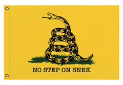 No Step on Snek Flag, Funny Gadsden Don't Tread On Me Snake Meme -High quality, professionally printed polyester flag. Single or fully double-sided with blackout layer, grommets or pole pocket / sleeve. 2x1ft / 1x2ft, 3x2ft / 2x3ft, 5x3ft / 3x5ft, custom. No Step On Snek - Funny Gadsden Don't Tread on Me Snake Flag Parody Meme, Yellow Black Green-3 ft x 2 ft-Standard-Grommets-796752938134