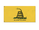 No Step on Snek Flag, Funny Gadsden Don't Tread On Me Snake Meme -High quality, professionally printed polyester flag. Single or fully double-sided with blackout layer, grommets or pole pocket / sleeve. 2x1ft / 1x2ft, 3x2ft / 2x3ft, 5x3ft / 3x5ft, custom. No Step On Snek - Funny Gadsden Don't Tread on Me Snake Flag Parody Meme, Yellow Black Green-2 ft x 1 ft-Standard-Grommets-796752938134
