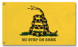No Step on Snek Flag, Funny Gadsden Don't Tread On Me Snake Meme -High quality, professionally printed polyester flag. Single or fully double-sided with blackout layer, grommets or pole pocket / sleeve. 2x1ft / 1x2ft, 3x2ft / 2x3ft, 5x3ft / 3x5ft, custom. No Step On Snek - Funny Gadsden Don't Tread on Me Snake Flag Parody Meme, Yellow Black Green-5 ft x 3 ft-Standard-Grommets-796752938141