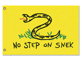 No Step on Snek Flag, Drawn Version, Funny Gadsden Parody Snake Meme -High quality, professionally printed polyester flag. Single or fully double-sided with blackout layer, grommets or pole pocket / sleeve. 2x1ft / 1x2ft, 3x2ft / 2x3ft, 5x3ft / 3x5ft, custom. No Step On Snek - Funny Gadsden Don't Tread on Me Snake Flag Parody Meme, Kids Drawing Version, Yellow Black Green-3 ft x 2 ft-Standard-Grommets-796752938134