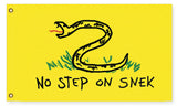 No Step on Snek Flag, Drawn Version, Funny Gadsden Parody Snake Meme -High quality, professionally printed polyester flag. Single or fully double-sided with blackout layer, grommets or pole pocket / sleeve. 2x1ft / 1x2ft, 3x2ft / 2x3ft, 5x3ft / 3x5ft, custom. No Step On Snek - Funny Gadsden Don't Tread on Me Snake Flag Parody Meme, Kids Drawing Version, Yellow Black Green-5 ft x 3 ft-Standard-Grommets-796752938141