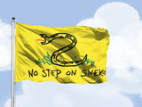 No Step on Snek Flag, Drawn Version, Funny Gadsden Parody Snake Meme -High quality, professionally printed polyester flag. Single or fully double-sided with blackout layer, grommets or pole pocket / sleeve. 2x1ft / 1x2ft, 3x2ft / 2x3ft, 5x3ft / 3x5ft, custom. No Step On Snek - Funny Gadsden Don't Tread on Me Snake Flag Parody Meme, Kids Drawing Version, Yellow Black Green-