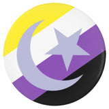 Non-Binary Muslim Pride Buttons, Intersectional LGBTQ LGBTQIA Pins-High quality scratch and UV resistant mylar & metal pinback button. 1.25, 2.25 or 3 inches. Custom made Intersectional Nonbinary Non-Binary Muslim Enby NB LGBT GLBT LGBTQ LGBTQIA LGBTQX Queer Nonconforming Gender Identity Pride, Visibility Representation Rights Equality-3 inch Round Button-
