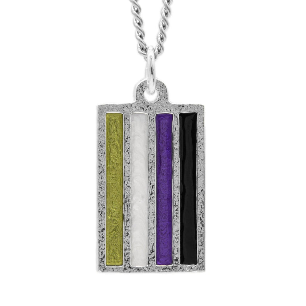 -Jeweler crafted sterling silver Asexual Pride Flag pendant with hand-enameled rainbow stripes, on your choice of chain or leather cord. Brand New in jewelers box. Made in and shipped from the USA. Non-Binary NB Enby Pride Jewelry GiftGLBT, LGBT, LGBTQ, LGBTQ+, LGBTQIA, LGBTQX, LGBTQIA Plus, Fluid Gender Queer Identity-Sterling Silver-24" Stainless Steel Curb Chain-