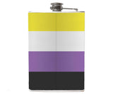 -Nonbinary LGBTQ Pride Flask. Brand New 8oz stainless steel flask with easy closure screw cap lid with striped non binary pride flag artwork on waterproof vinyl that fully wraps around the flask. Measures 5.5" tall and 3.75" wide and holds eight shots. Choice of just the flask, flask &amp; stainless steel funnel or with gift box containing stainless steel funnel &amp; shot glass-