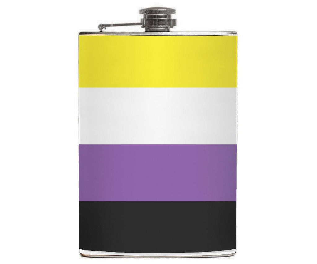 -Nonbinary LGBTQ Pride Flask. Brand New 8oz stainless steel flask with easy closure screw cap lid with striped non binary pride flag artwork on waterproof vinyl that fully wraps around the flask. Measures 5.5" tall and 3.75" wide and holds eight shots. Choice of just the flask, flask &amp; stainless steel funnel or with gift box containing stainless steel funnel &amp; shot glass-Just the Flask-725185480699
