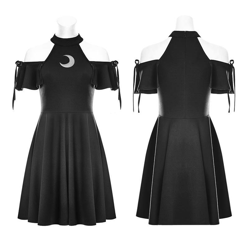 Moon Magic Dress, Punk Rave - Open Shoulder Knitted Lunar Eclipse Goth A-Line-Black-XS-