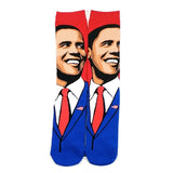 -Pair of high quality illustrated Barack Obama socks. One size fits most. Mens / unisex US size 9-10, 95% cotton 5% polyester. Free Shipping. These socks ship from abroad and typically arrive in about 2-3 weeks. -