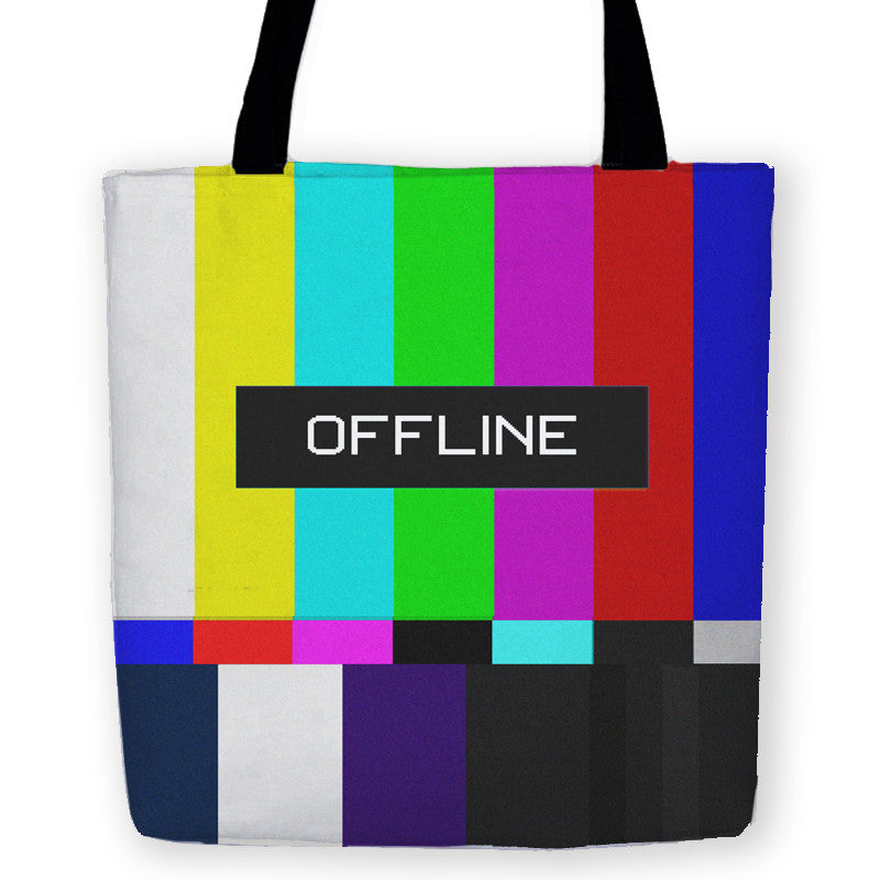 -High quality, reusable woven polyester fabric carryall tote bag. Durable and machine washable. Colorful and iconic retro vintage analog-style television / monitor / video screen 'color bars' test pattern with OFFLINE indicator text. The perfect AFK accessory. -