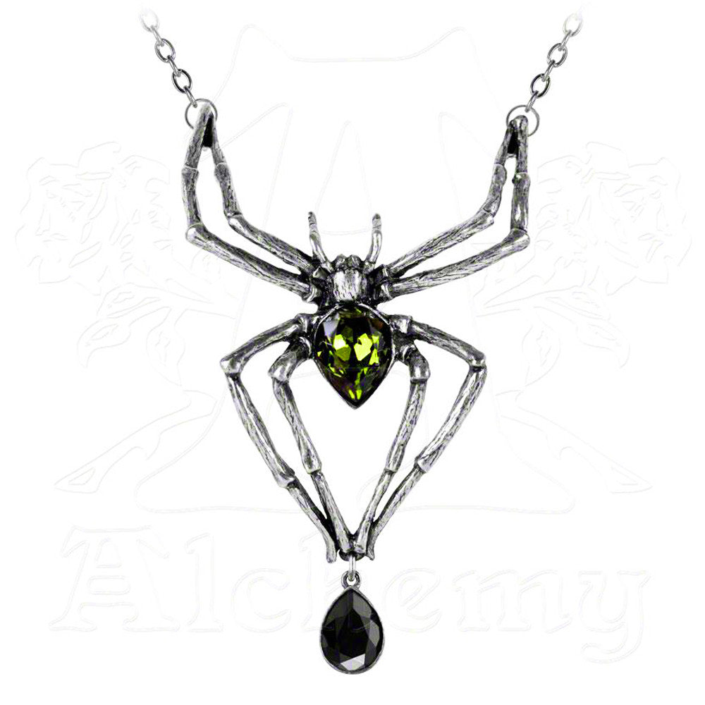 -The deadly predator, poised to sink its irresistible fangs; A giant pewter spider necklace set with green and black Swarovski crystals as worn by Alice Cooper. Hand Crafted in the UK of lead-free Fine English Pewter. Genuine Alchemy Gothic Product - Brand New with Alchemy Lifetime Guarantee-664427016855