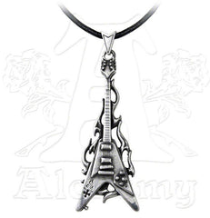 -Alchemy Gothic "Shredder's Axe" Flying V Electric Guitar faux-stretcher Earring An undeniably aggressive instrument of speed and passion, impaling the ear of the dedicated metalhead. Measures roughly 2.56" x 0.87" x 0.31, appearance of a stretcher but fits standard piercing. Made of lead-free fine English pewter with surgical steel post. Designed to fit the right ear only. Genuine Alchemy of England Product - Brand New with Alchemy Lifetime Guarantee -