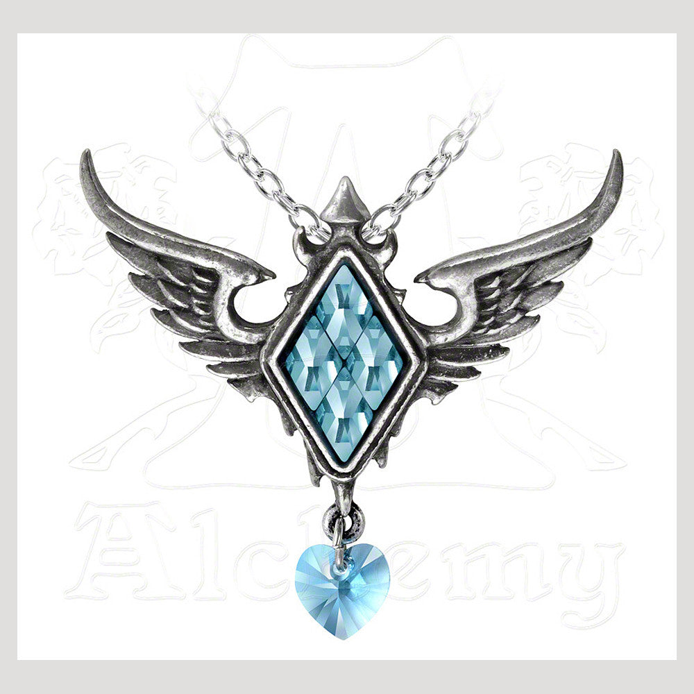 Alchemy Gothic FROZEN HEART Pendant Necklace-Diamond-hard, sharp as ice, dripping from wings of love, the cold & frozen heart to be atoned. 

Winged diamond pendant with pale blue Swarovski crystals.-664427040683