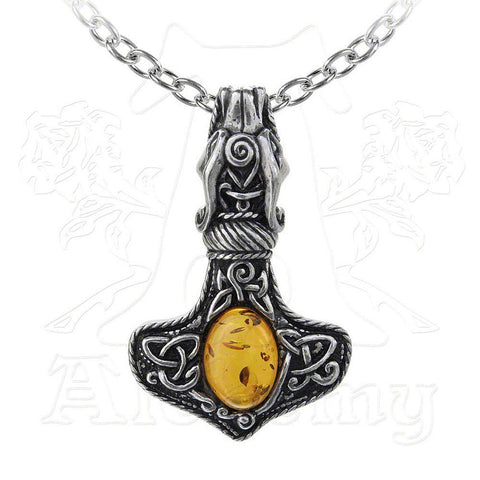 -Ornate and highly intricate pagan amulet of power and protection. The head of a dragon bites the chain. The hammer, decorated with both traditional celtic knotwork & runes set with a unique, translucent, real 30+ million year old polished amber gemstone cabochon, allowing the natural flaws to be seen against the light.-664427041376