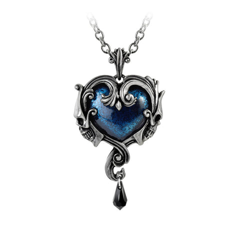 -Large antiqued lead-free Fine English Pewter heart pendant handcrafted in the UK, midnight blue enameled heart, pewter baroque frame with a skull profile on either side with black Austrian crystal dropper. Nickel-free chain, 32in Genuine Alchemy Product.
Dark goth punk emo designer fashion jewelry love romance hearts-