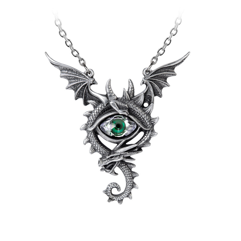 -Large spread wing dragon wrapping around deep emerald green Austrian crystal eye. Handcrafted in the UK of lead-free Fine English Pewter. Pendant measures 3.39x2.95x0.67 inches, short split chain and 18in (46cm) trace chain. Genuine Alchemy Product. Imported. Ships from the USA.
dragons goth medieval fantasy jewelry-
