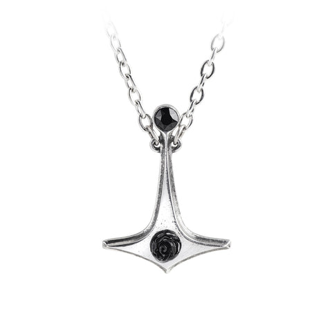 -Small, modern style pewter Thor's hammer pendant set with a black Swarovski crystal and resin rose flower. 

Hand-crafted in lead-free, Fine English pewter. Measures roughly 1.38 inch long, 0.98 inch wide and 0.2in deep on 21 inch trace chain.

Genuine Alchemy Product - Brand New with Alchemy Lifetime Guarantee-664427050224