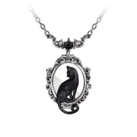 Feline Felicity Necklace, Alchemy Gothic - Black Cat Mirror Pendant Necklace-Alchemy Feline Felicity Black Cat and Mirror Pendant Necklace Silent, stealthy and omnipresent, your ailuros companion confidently reflects upon your destiny. Check you feline beauty with this perfectly proportioned mirror necklace. An ostentatious Fine English Pewter pendant of a mirror in an ornate oval frame, with a black pewter cat sat looking onto the mirror. The pendant measures approximately 2.28 inches long, 1.42 inch wide 