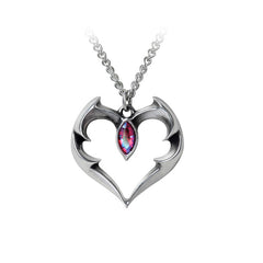 -A bat wing formed heart pendant with central Austrian Crystal accent. Handcrafted in the UK of lead-free, Fine English Pewter. Genuine Alchemy Product - Brand New with Alchemy Lifetime Guarantee - Great gift for the batman, batwoman, batgirl or batboy in your life. bat heart vampire vamp goth halloween love-