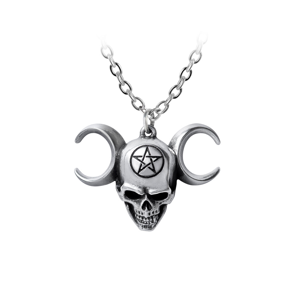 -A dark, alternative Triple Moon Goddess, who with obdurate resolve invokes the collective forces of creation to counter the crassly myopic, tragic materialism of humanity. Pentacle engraved skull pendant handcrafted in the UK of lead-free, Fine English Pewter. Genuine Alchemy - Brand New with Alchemy Lifetime Guarantee-664427050903