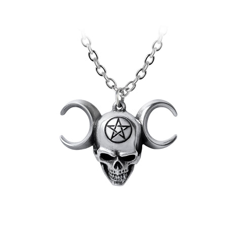 -A dark, alternative Triple Moon Goddess, who with obdurate resolve invokes the collective forces of creation to counter the crassly myopic, tragic materialism of humanity. Pentacle engraved skull pendant handcrafted in the UK of lead-free, Fine English Pewter. Genuine Alchemy - Brand New with Alchemy Lifetime Guarantee-664427050903