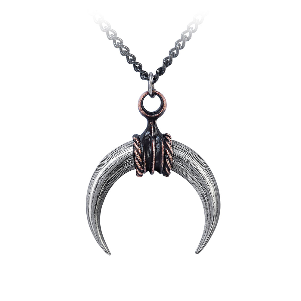 -Bull's Horn Pendant Necklace – The Mithraic cult of the Roman underworld practiced in subterranean temples, centered on the god overpowering and slaying a bull, the tauroctony. The moon goddess, Luna, the sole female permitted. A curved, crescent bull horn pendant handcrafted in the UK of lead-free Fine English Pewter. -664427051177