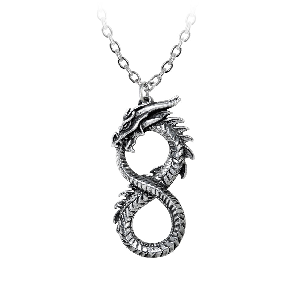 Infinity Dragon Pendant Necklace, Alchemy Gothic, P916 Jormungander-A finely detailed dragon forming an infinity symbol in a style similar to a snake ouroboros or Jormungander / Midgard world serpent. A great piece for Altered Carbon LARP / Cosplay as it closely resembles the emblem from the series. 

Lead-free Fine English Pewter. Genuine with Lifetime Guarantee. UK Import, US Seller.-664427050842