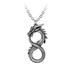Infinity Dragon Pendant Necklace, Alchemy Gothic, P916 Jormungander-A finely detailed dragon forming an infinity symbol in a style similar to a snake ouroboros or Jormungander / Midgard world serpent. A great piece for Altered Carbon LARP / Cosplay as it closely resembles the emblem from the series. Lead-free Fine English Pewter. Genuine with Lifetime Guarantee. UK Import, US Seller.-
