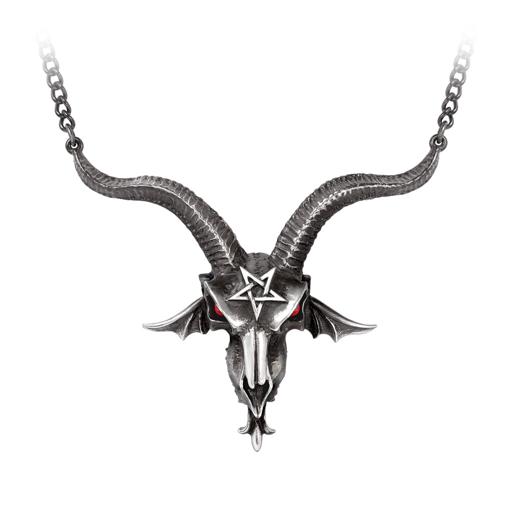 -Ancient goat skulled deity, whispering wisdom from the lost cults of antiquity. Hermaphroditic hierophant to the subversive seeker of sagacity. A large Baphomet Skull necklace with red crystal eyes handcrafted of lead-free Fine English Pewter. Ships from the USA.

Goth rock occult devil demon heavy metal witchcraft -664427052754