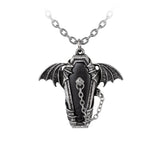 -Roses are red, or so the aphorism goes... but not in the mountains of Romania, where the darkest of romances prevail. Lead and nickel free Fine English Pewter and black enamel. Genuine Alchemy Gothic product. Shipped from the USA. 
bat winged coffin vampire goth gothic jewelry vamp -